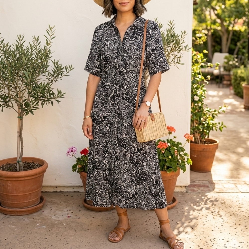 ZARA BLACK WHITE COLLARED PAISLEY PRINT MIDI SHIRT DRESS size XS